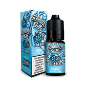 A 10ml bottle of Seriously Salty Ice N Berg Nic Salt E-Liquid with a childproof cap and a label indicating high nicotine strength of 20mg.